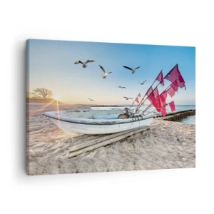 Quadro su tela - Stampe su Tela - Una barca sulla spiaggia all'alba con gabbiani e bandiere rosse - 70x50cm - Meritato riposo - Decorazione murale moderna per soggiorno e camera da letto ARTTOR