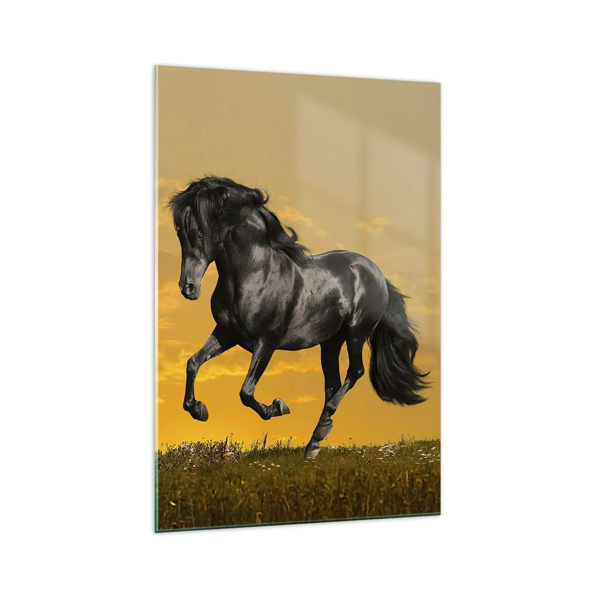 Quadro su vetro - Un cavallo nero galoppa sullo sfondo di un tramonto dorato. - 70x100cm - Bello, libero e selvaggio - Decorazione murale moderna per soggiorno e camera da letto ARTTOR