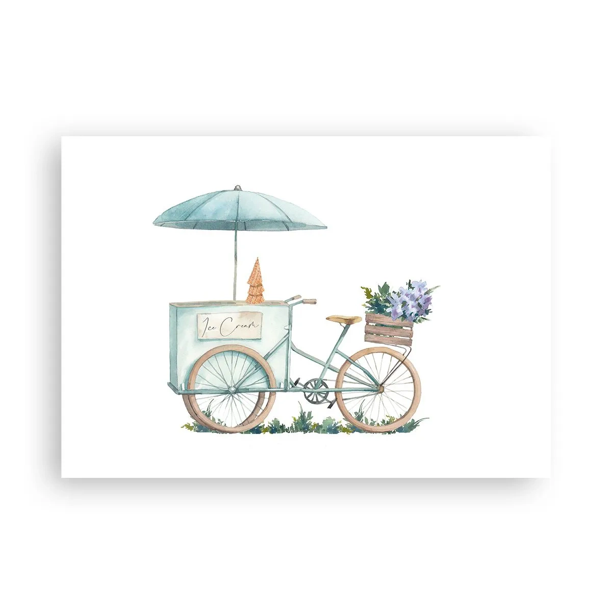 Poster - Una bicicletta con gelato e fiori sotto un ombrellone in delicati colori pastello - 100x70cm - Dolce ricordo d'estate - Decorazione murale moderna per soggiorno e camera da letto ARTTOR