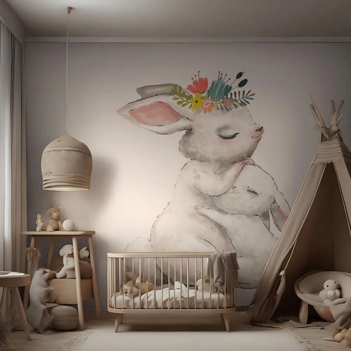 Fotomurali Premium Canvas - Da mamma si sta meglio - Per bambini, Coniglio, Madre con bambino - 350x256 cm