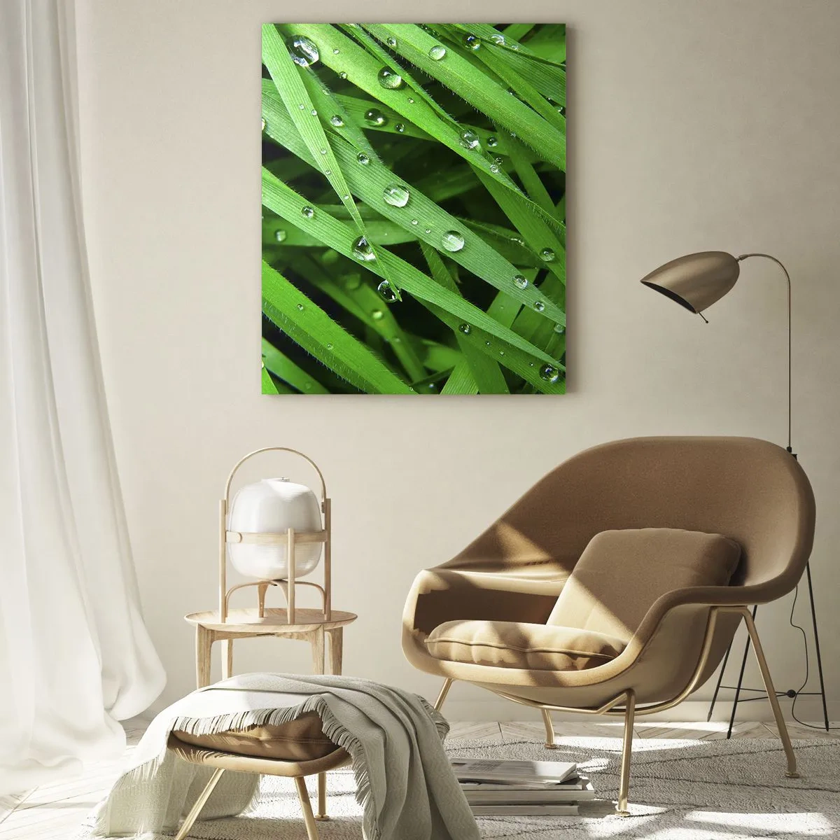 Quadro su vetro - Fili d'erba verdi con gocce di rugiada - 50x70cm - Giocando con il verde - Decorazione murale moderna per soggiorno e camera da letto ARTTOR