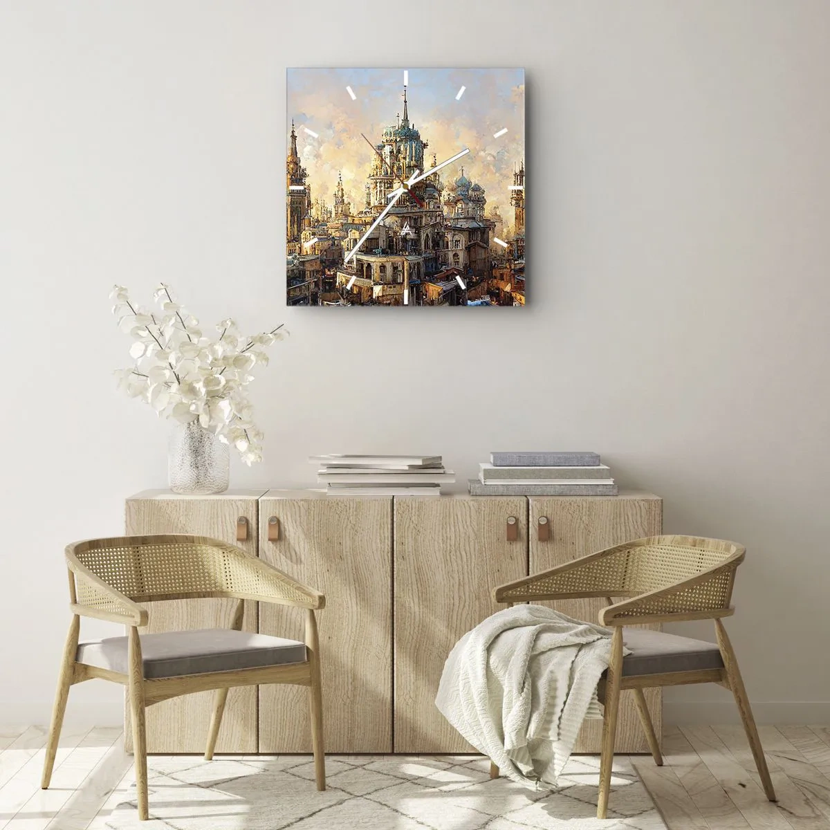 Orologio da parete - Orologio in Vetro - Torri architettoniche nei raggi del sole al tramonto - 30x30cm - La città delle città - Decorazione murale moderna per soggiorno e camera da letto ARTTOR