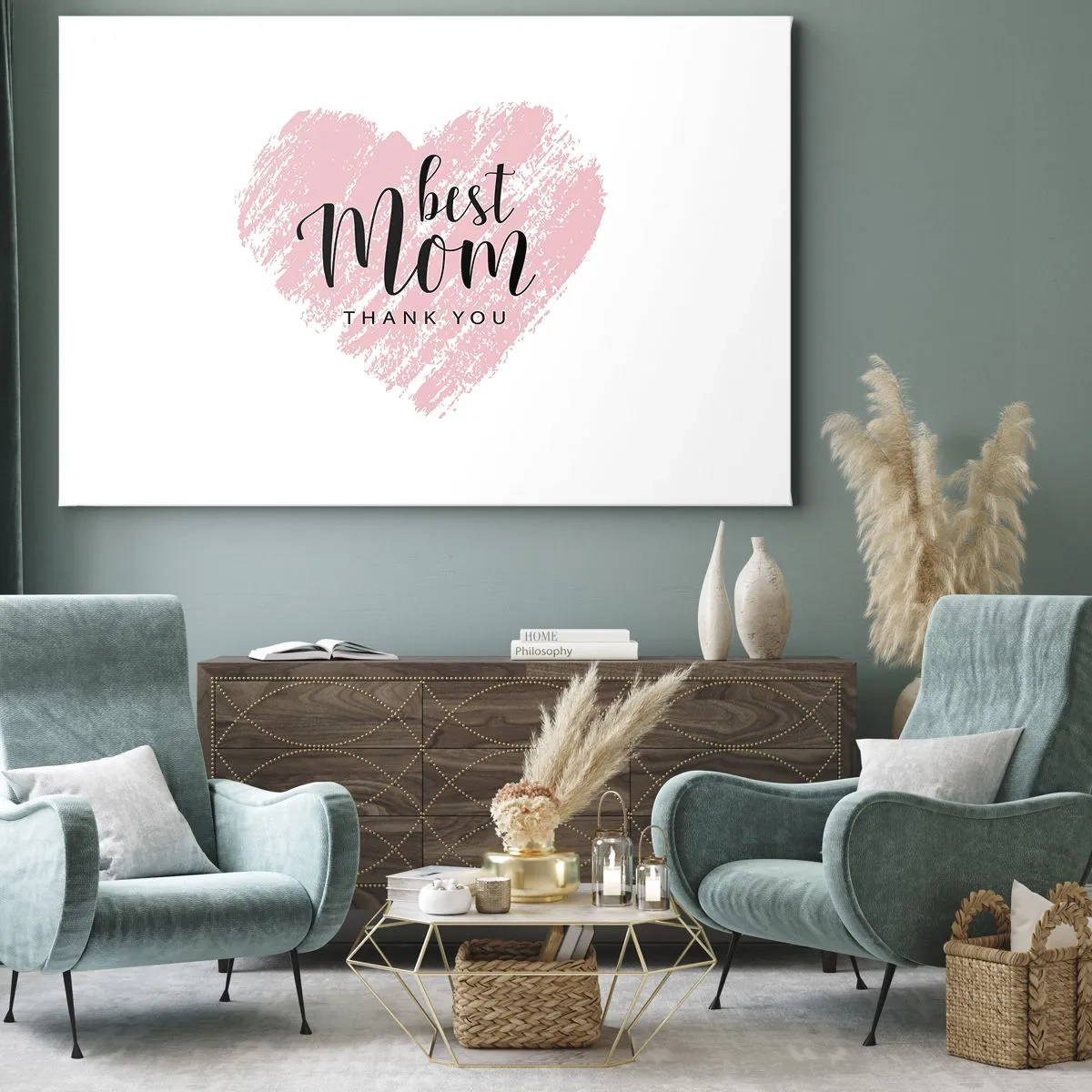 Quadro su tela - Stampe su Tela - Cuore rosa con la scritta "Grazie mamma" su sfondo bianco - 100x70cm - È sempre il momento giusto - Decorazione murale moderna per soggiorno e camera da letto ARTTOR