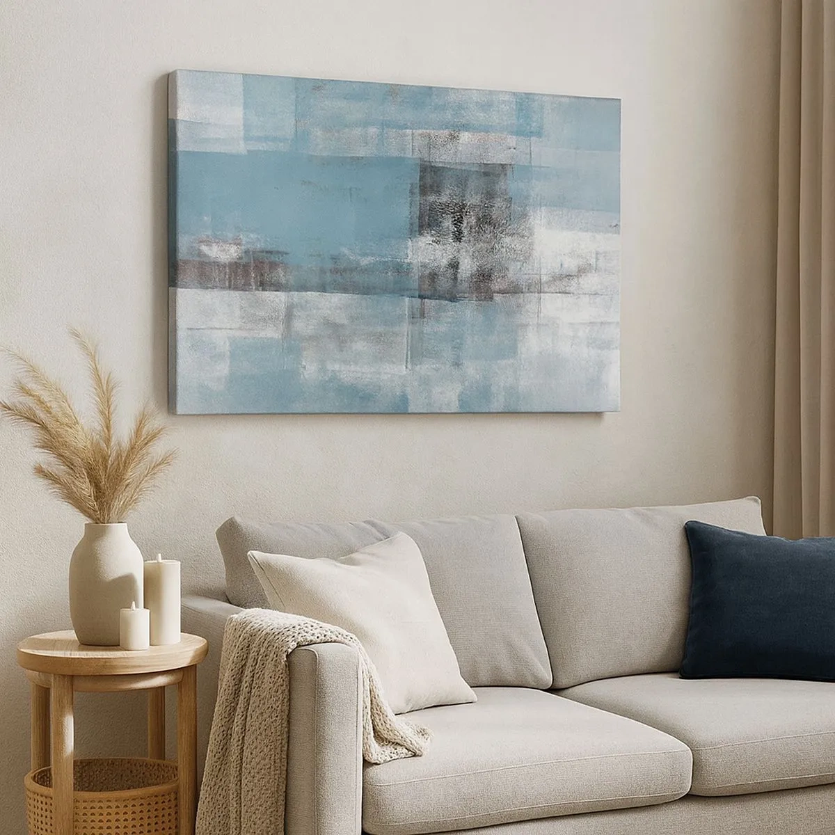 Quadro su tela - Stampe su Tela - Una composizione astratta nelle tonalità del blu con texture e strati. - 70x50cm - Acqua e aria - Decorazione murale moderna per soggiorno e camera da letto ARTTOR