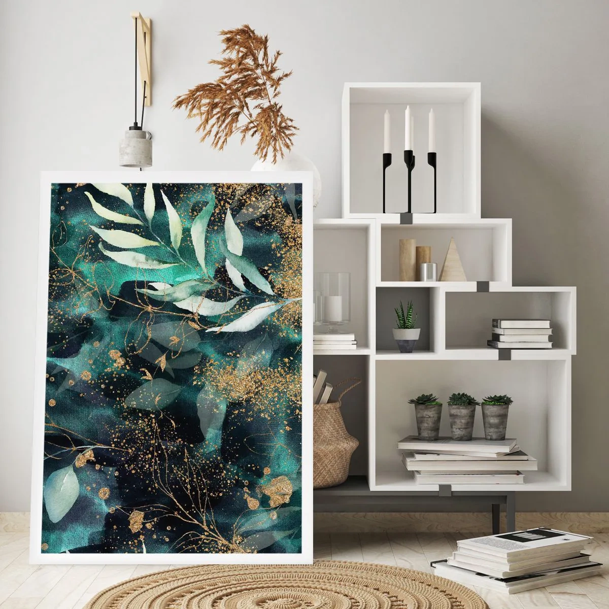 Poster - Foglie verdi e accenti dorati su uno sfondo scuro - 50x70cm - Il giardino incantato - Decorazione murale moderna per soggiorno e camera da letto ARTTOR