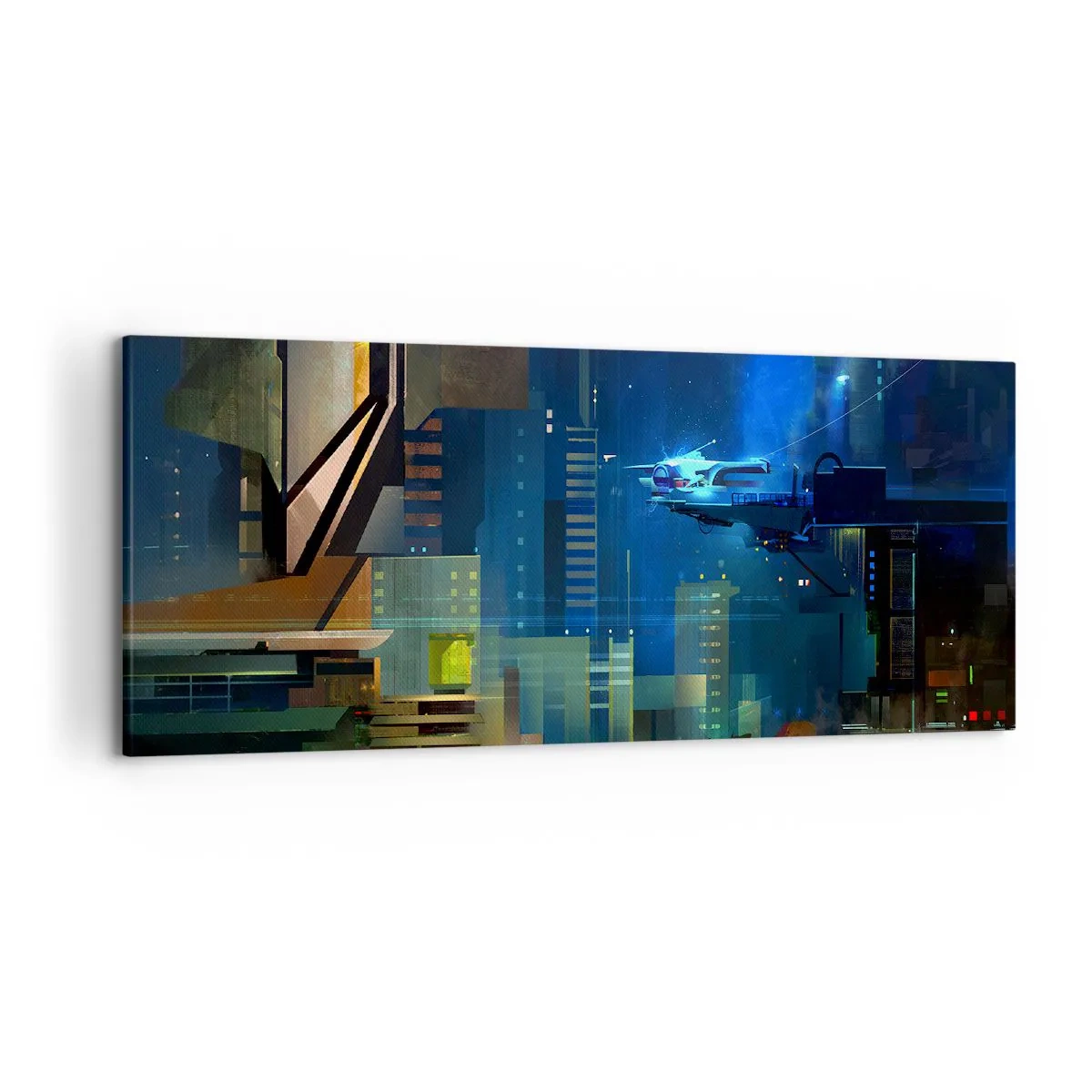 Quadro su tela - Stampe su Tela - Città futuristica di notte con luci al neon e un veicolo volante - 120x50cm - In un futuro non lontano - Decorazione murale moderna per soggiorno e camera da letto ARTTOR