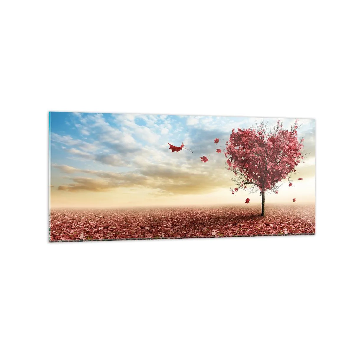 Quadro su vetro - Un albero solitario a forma di cuore in un campo di foglie rosse - 120x50cm - Ama questo autunno - Decorazione murale moderna per soggiorno e camera da letto ARTTOR