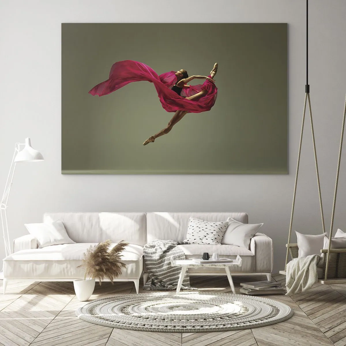 Quadro su vetro - Una ballerina in volo con un tessuto fucsia fluente - 100x70cm - Fiamma danzante - Decorazione murale moderna per soggiorno e camera da letto ARTTOR