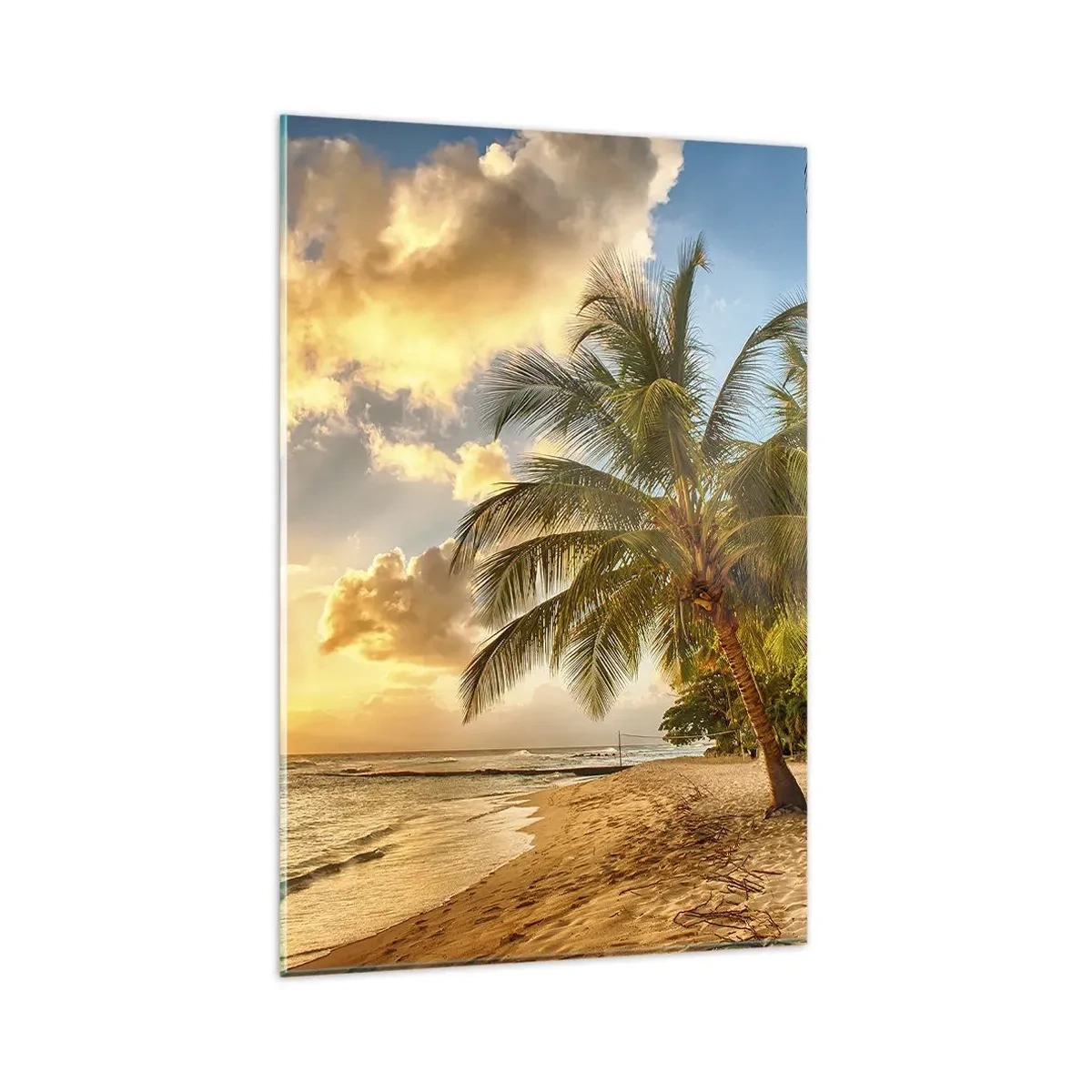 Quadro su vetro - Spiaggia con palme e tramonto sull'oceano - 80x120cm - Estate perpetua, vacanze per sempre - Decorazione murale moderna per soggiorno e camera da letto ARTTOR