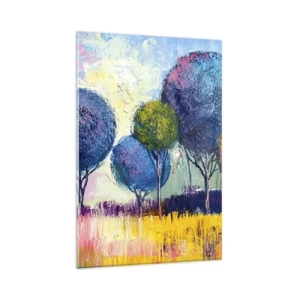 Quadro su vetro - Alberi colorati a forma di palla sullo sfondo di un paesaggio - 80x120cm - Sfera: forma ideale - Decorazione murale moderna per soggiorno e camera da letto ARTTOR