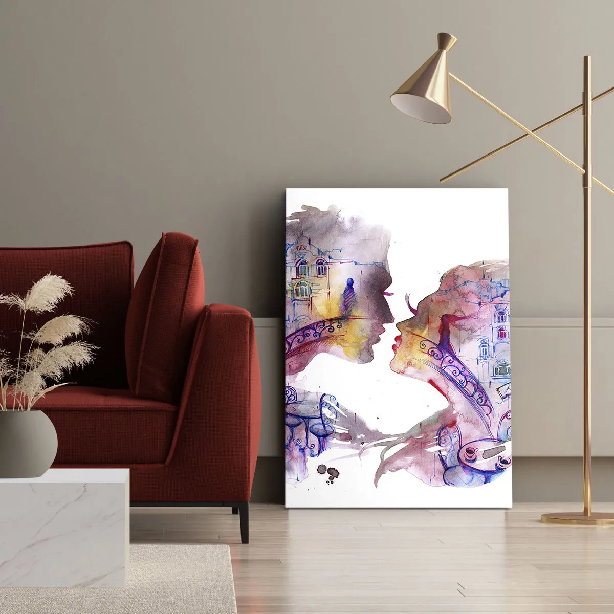 Quadro su tela - Stampe su Tela - Un acquerello romantico che raffigura le sagome degli innamorati - 50x70cm - Misterioso ponte dei sospiri - Decorazione murale moderna per soggiorno e camera da letto ARTTOR