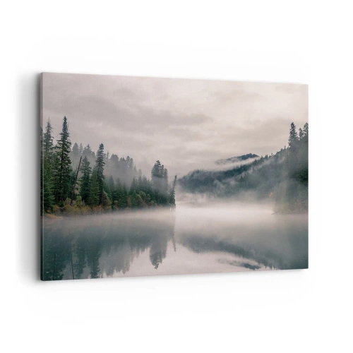 Quadro su tela - Stampe su Tela - Una foresta nebbiosa riflessa in un lago calmo - 100x70cm - Riflettendo nella nebbia - Decorazione murale moderna per soggiorno e camera da letto ARTTOR