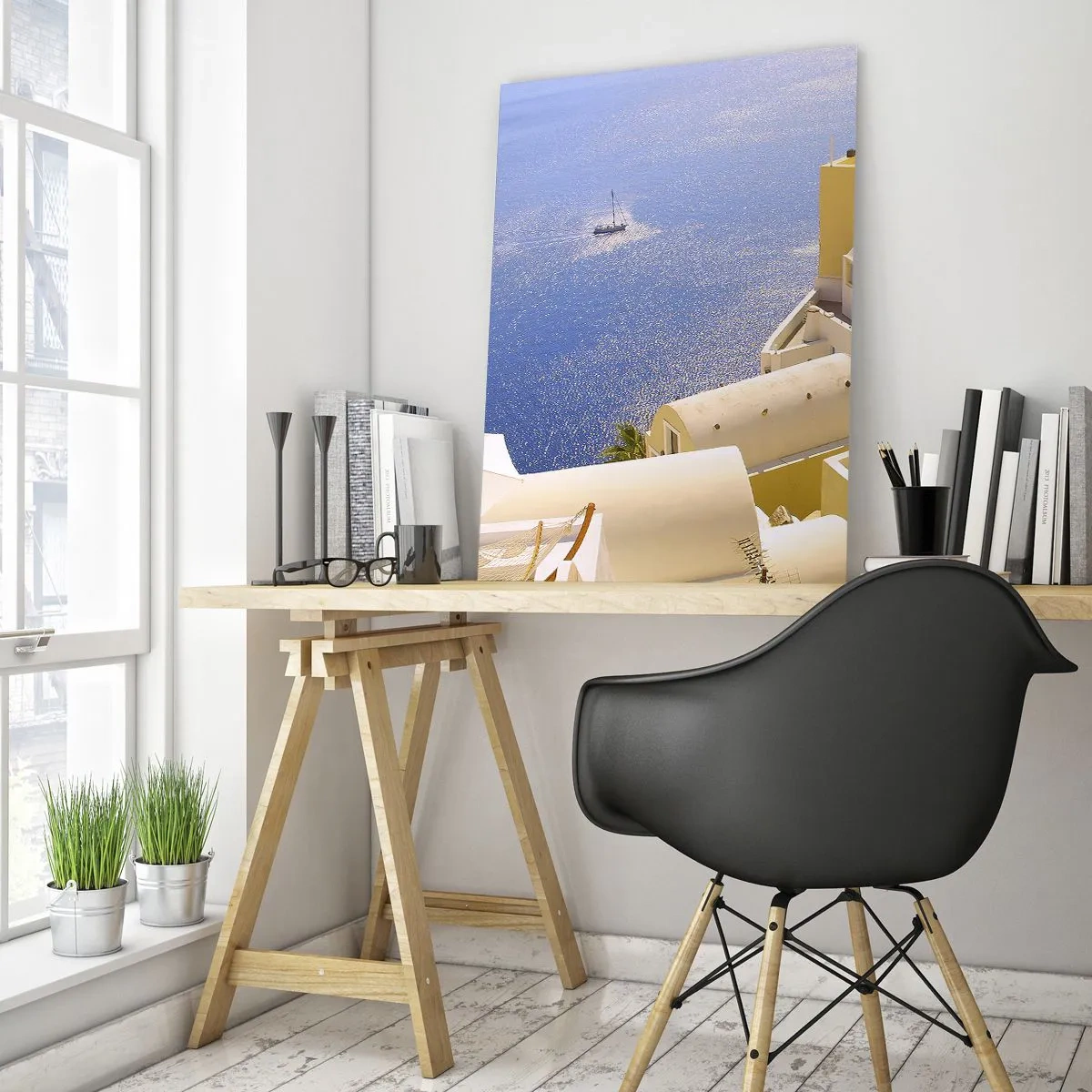 Quadro su vetro - Architettura greca con vista sul mare e una barca sullo sfondo - 80x120cm - Paesaggio greco in bianco e blu - Decorazione murale moderna per soggiorno e camera da letto ARTTOR