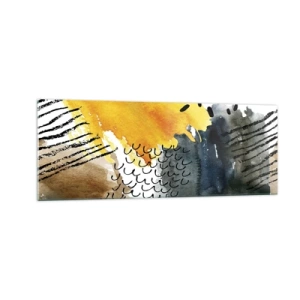 Quadro su vetro - Una composizione astratta con accenti gialli e motivi grafici. - 140x50cm - L'incontro degli elementi - Decorazione murale moderna per soggiorno e camera da letto ARTTOR