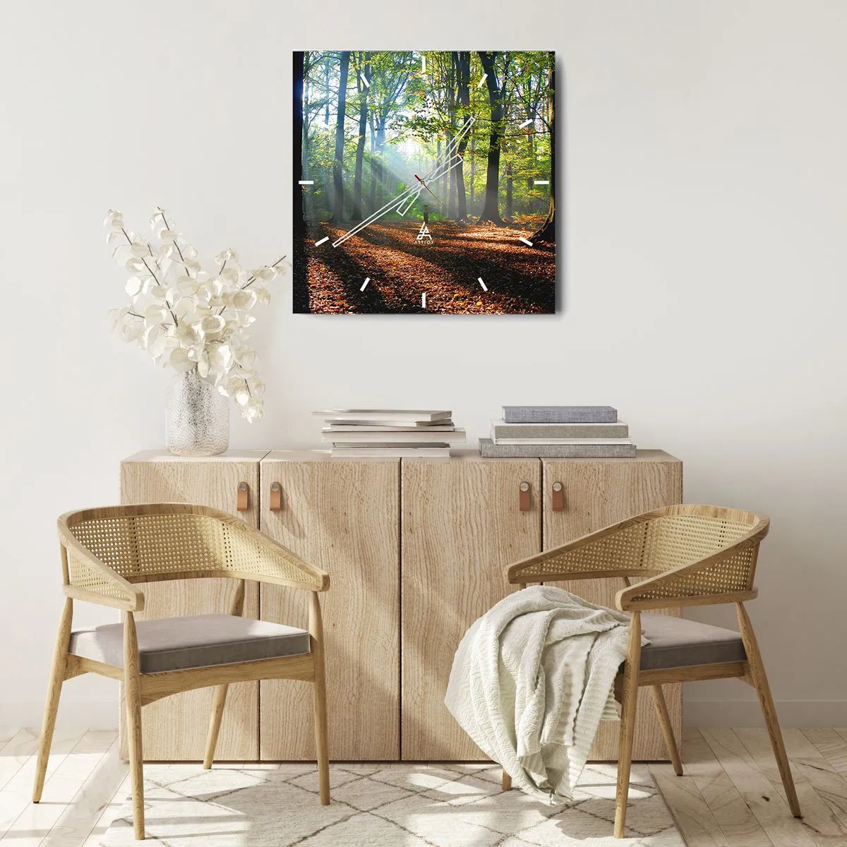 Orologio da parete - Orologio in Vetro - Una radura della foresta illuminata dai raggi del sole - 30x30cm - Luci e ombre - Decorazione murale moderna per soggiorno e camera da letto ARTTOR
