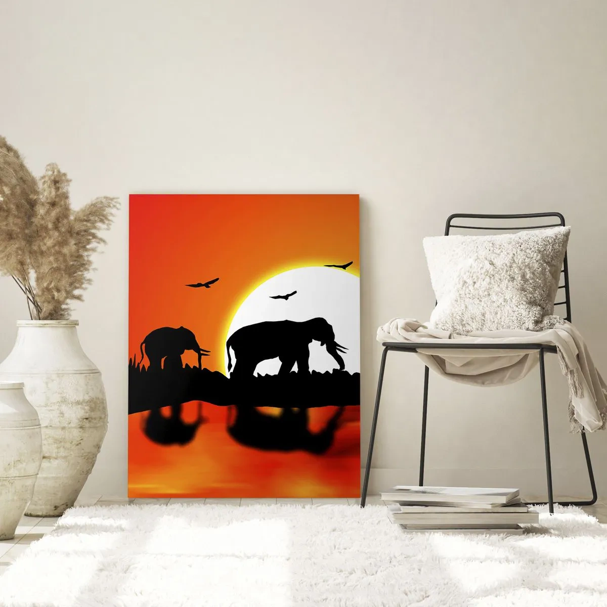 Quadro su vetro - Sagome di elefanti contro il sole al tramonto - 50x70cm - Un piccolo drink la sera - Decorazione murale moderna per soggiorno e camera da letto ARTTOR