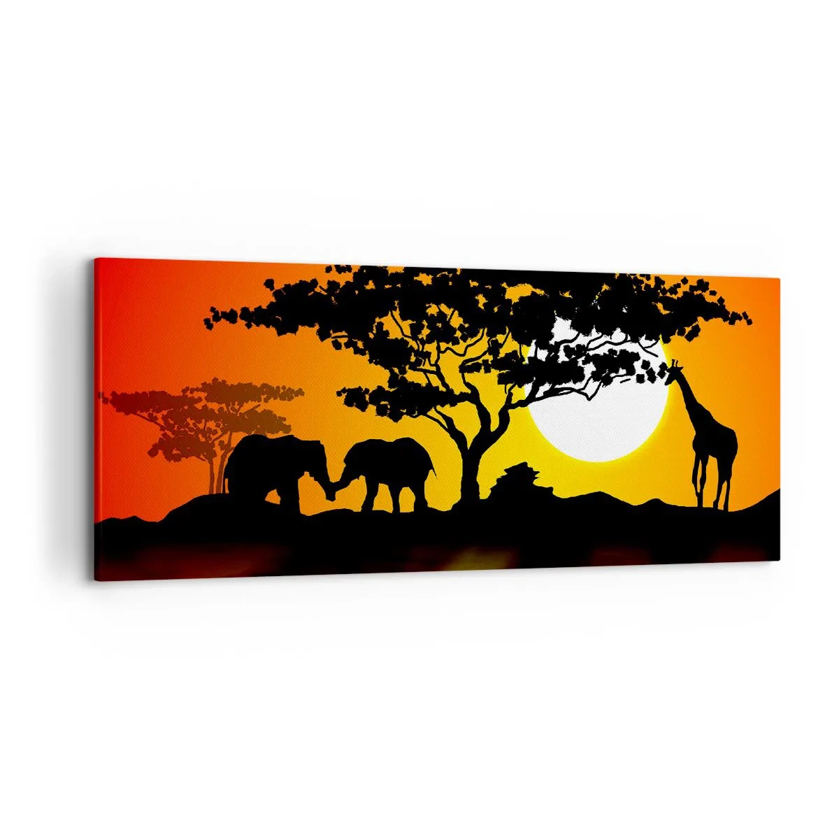 Quadro su tela - Stampe su Tela - Tramonto africano con sagome di elefanti e giraffe sull'acqua - 120x50cm - Incontro nella savana - Decorazione murale moderna per soggiorno e camera da letto ARTTOR