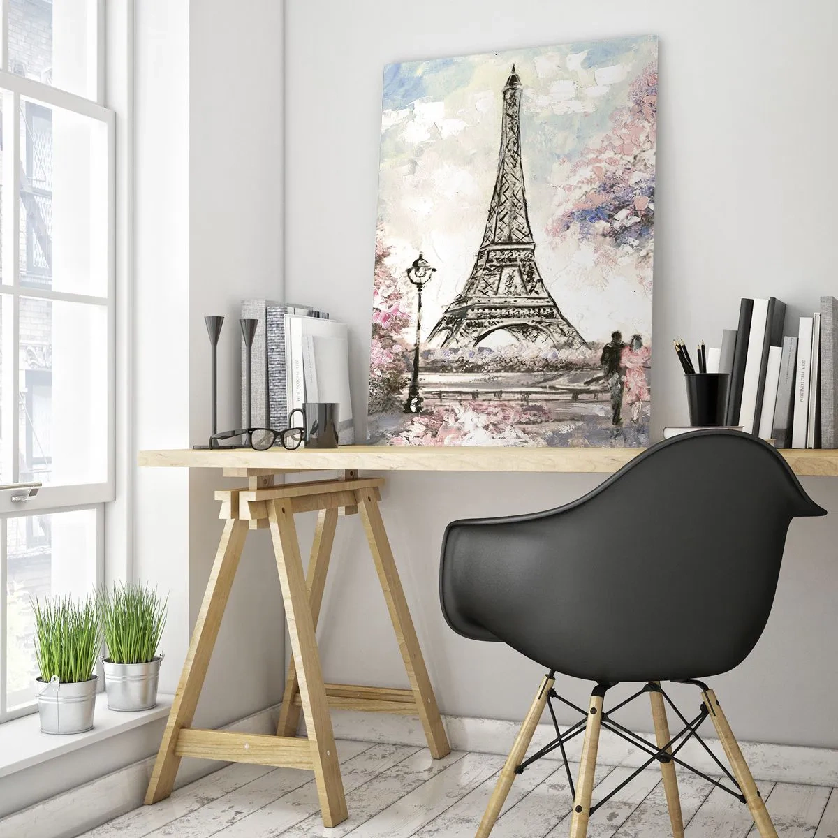 Quadro su vetro - Illustrazione della Torre Eiffel in un ambiente primaverile - 50x70cm - Passeggiata a Parigi in aprile - Decorazione murale moderna per soggiorno e camera da letto ARTTOR