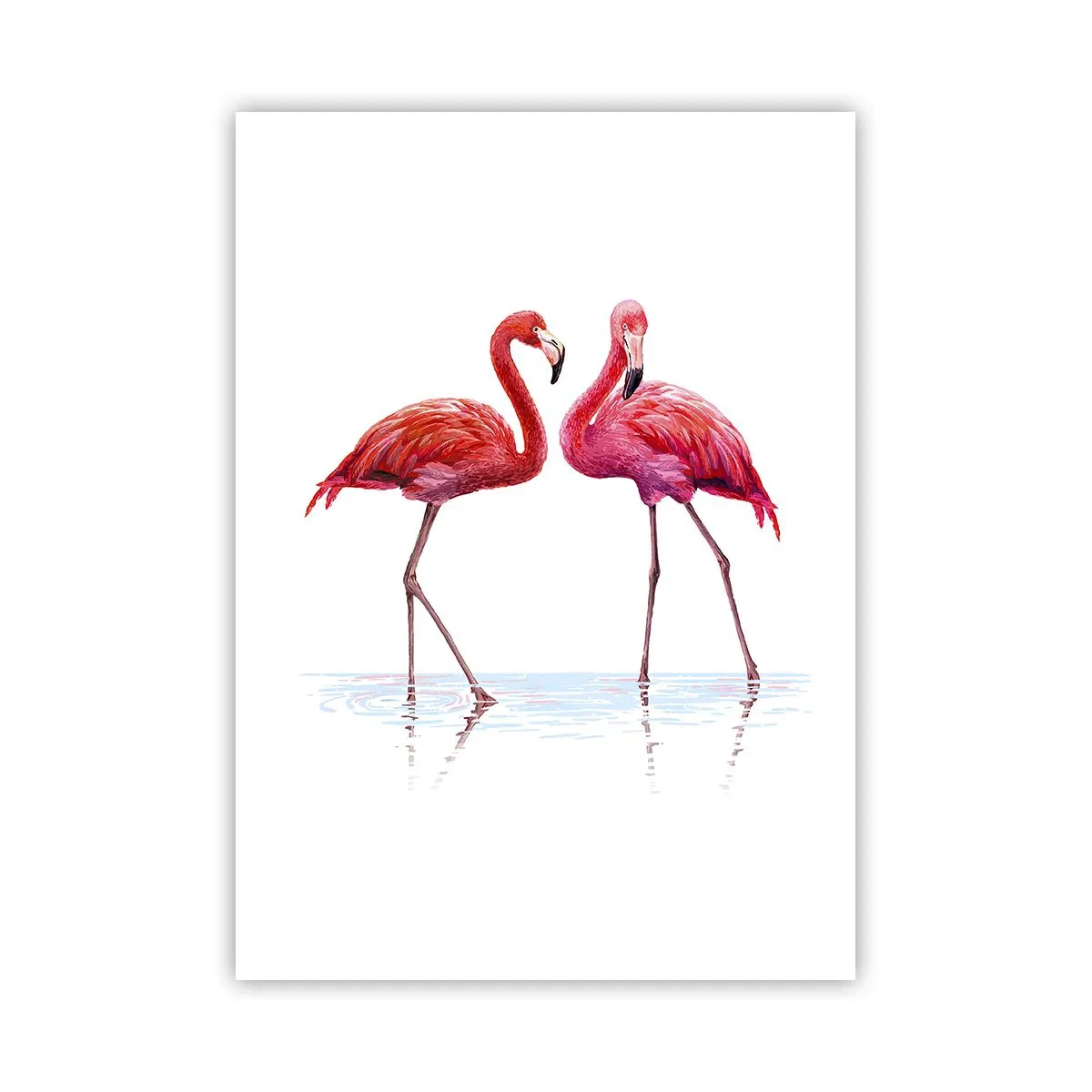 Poster - Due fenicotteri su sfondo bianco con riflesso nell'acqua - 50x70cm - Appuntamento in rosa - Decorazione murale moderna per soggiorno e camera da letto ARTTOR