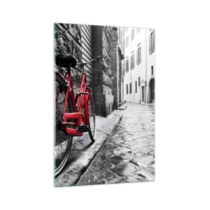 Quadro su vetro - Bicicletta rossa in una strada bianca e nera - 70x100cm - La vera bellezza non invecchia - Decorazione murale moderna per soggiorno e camera da letto ARTTOR