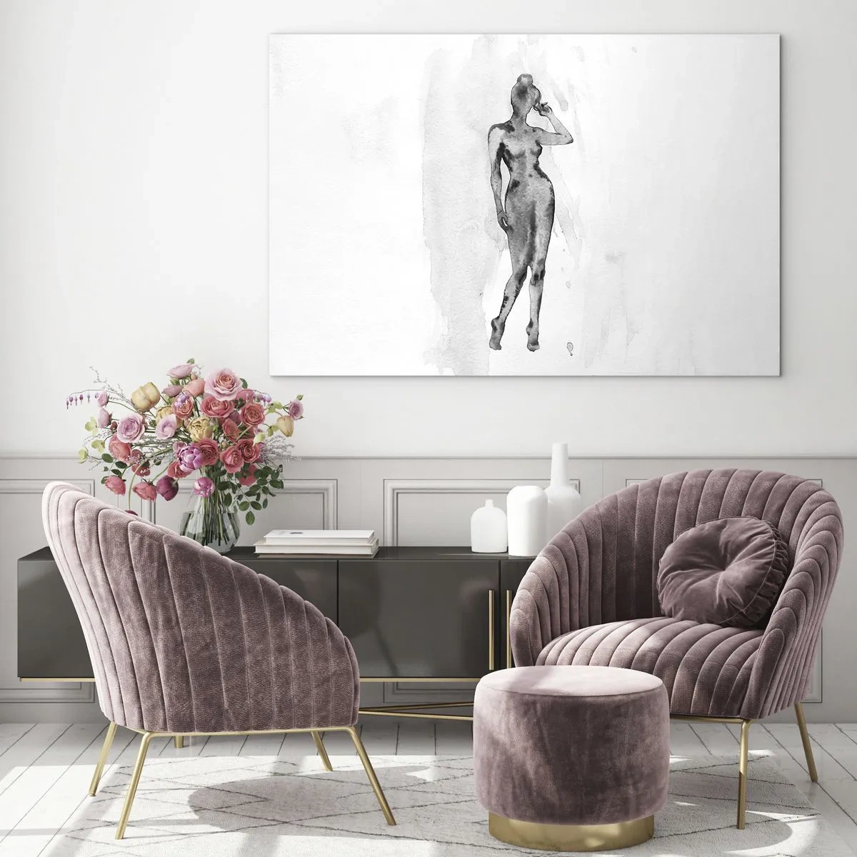 Quadro su vetro - Silhouette di una donna in tonalità di grigio su sfondo bianco - 70x50cm - Studio di ideale di bellezza - Decorazione murale moderna per soggiorno e camera da letto ARTTOR