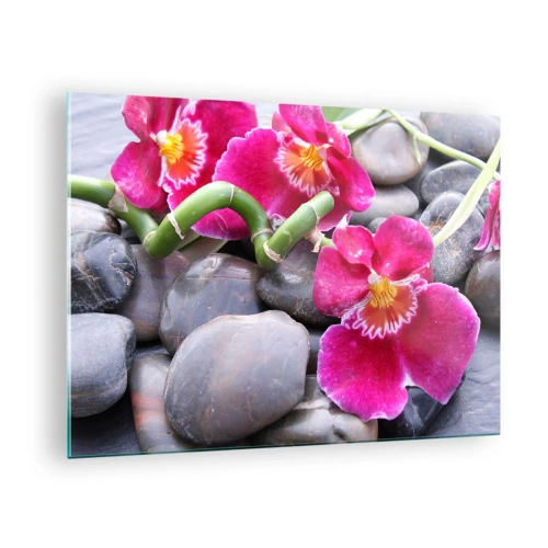 Quadro su vetro - Orchidee rosa con bambù su pietre - 70x50cm - Fresco e calore - Decorazione murale moderna per soggiorno e camera da letto ARTTOR