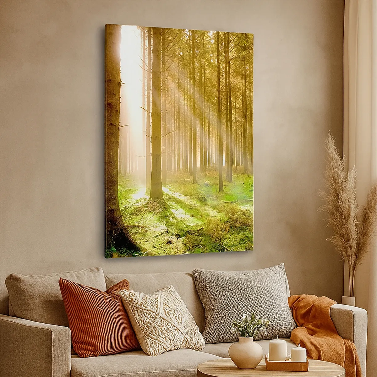 Quadro su tela - Stampe su Tela - Foresta di conifere con raggi di sole che brillano attraverso gli alberi - 50x70cm - Adesso appaiono gli elfi - Decorazione murale moderna per soggiorno e camera da letto ARTTOR