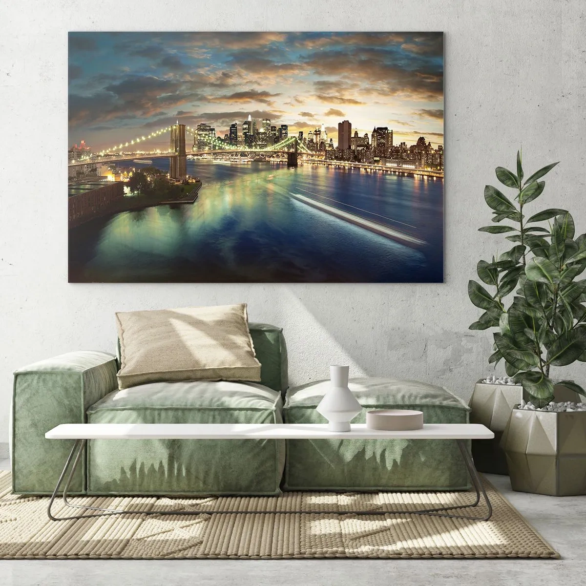 Quadro su vetro - Vista del ponte e della città al tramonto - 100x70cm - Il cielo luminoso sopra Manhattan - Decorazione murale moderna per soggiorno e camera da letto ARTTOR