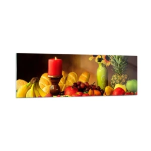 Quadro su vetro - Natura morta con frutta, pane, candela e fiori - 160x50cm - Natura morta con pane e frutta - Decorazione murale moderna per soggiorno e camera da letto ARTTOR