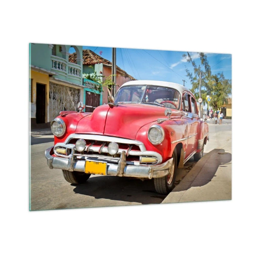 Quadro su vetro - Auto d'epoca rossa su una strada cittadina - 100x70cm - Ancora solamente a Cuba - Decorazione murale moderna per soggiorno e camera da letto ARTTOR