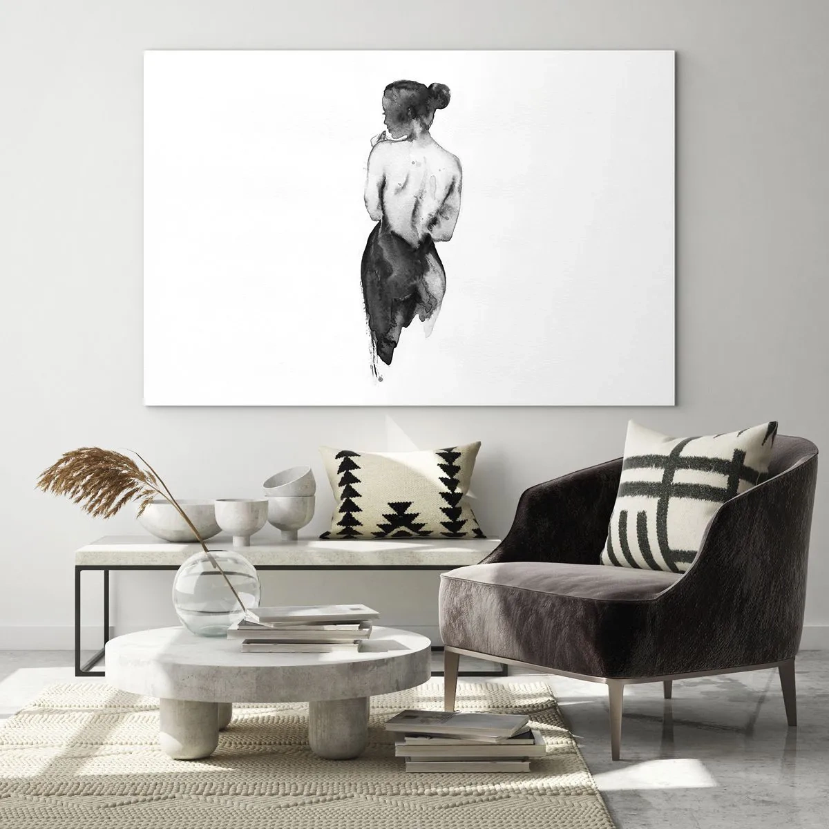 Quadro su vetro - Silhouette in bianco e nero di una donna in stile acquerello - 70x50cm - Accanto a lei il mondo scompare - Decorazione murale moderna per soggiorno e camera da letto ARTTOR
