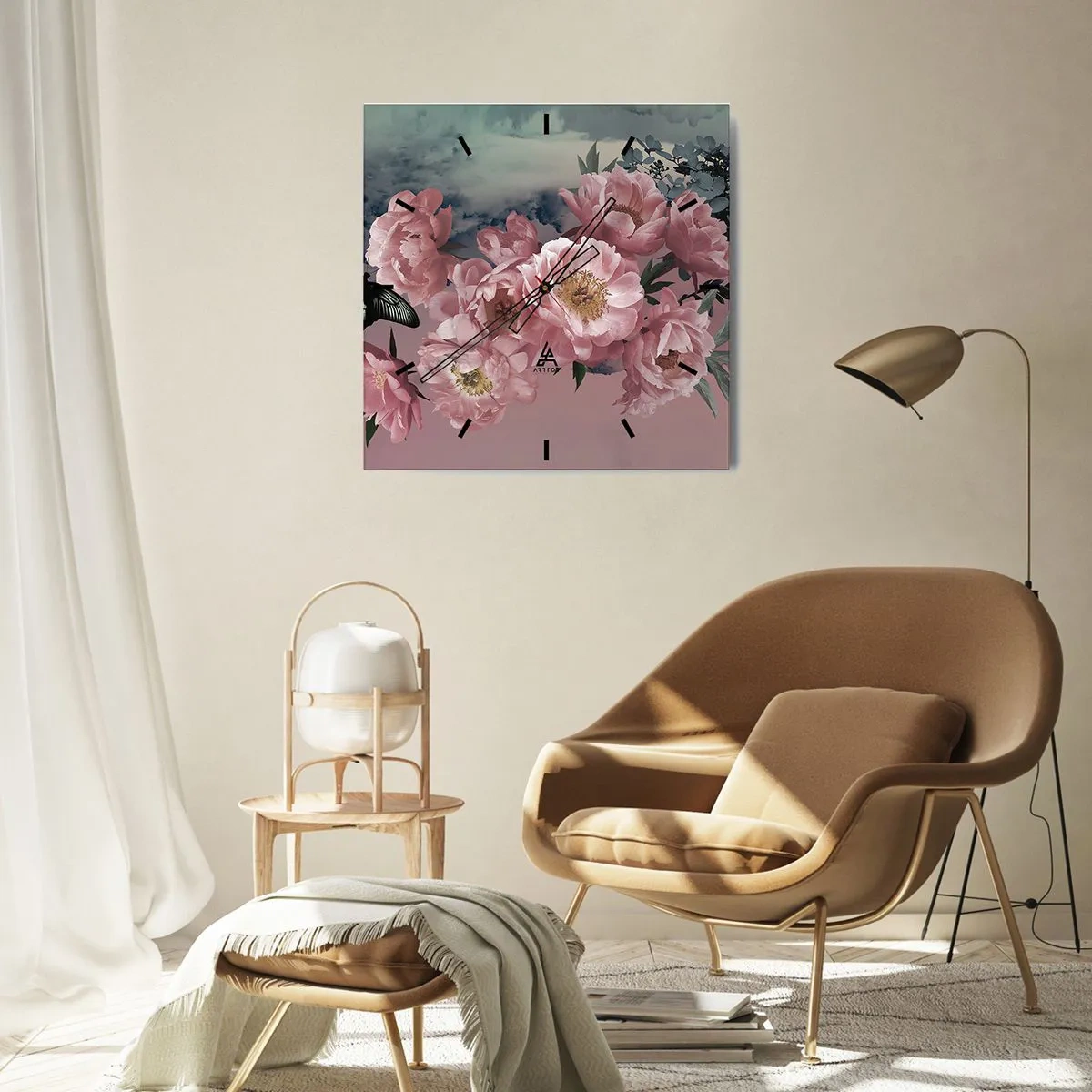 Orologio da parete - Orologio in Vetro - Peonie rosa con farfalla su sfondo pastello - 30x30cm - L'apice della romanticità - Decorazione murale moderna per soggiorno e camera da letto ARTTOR
