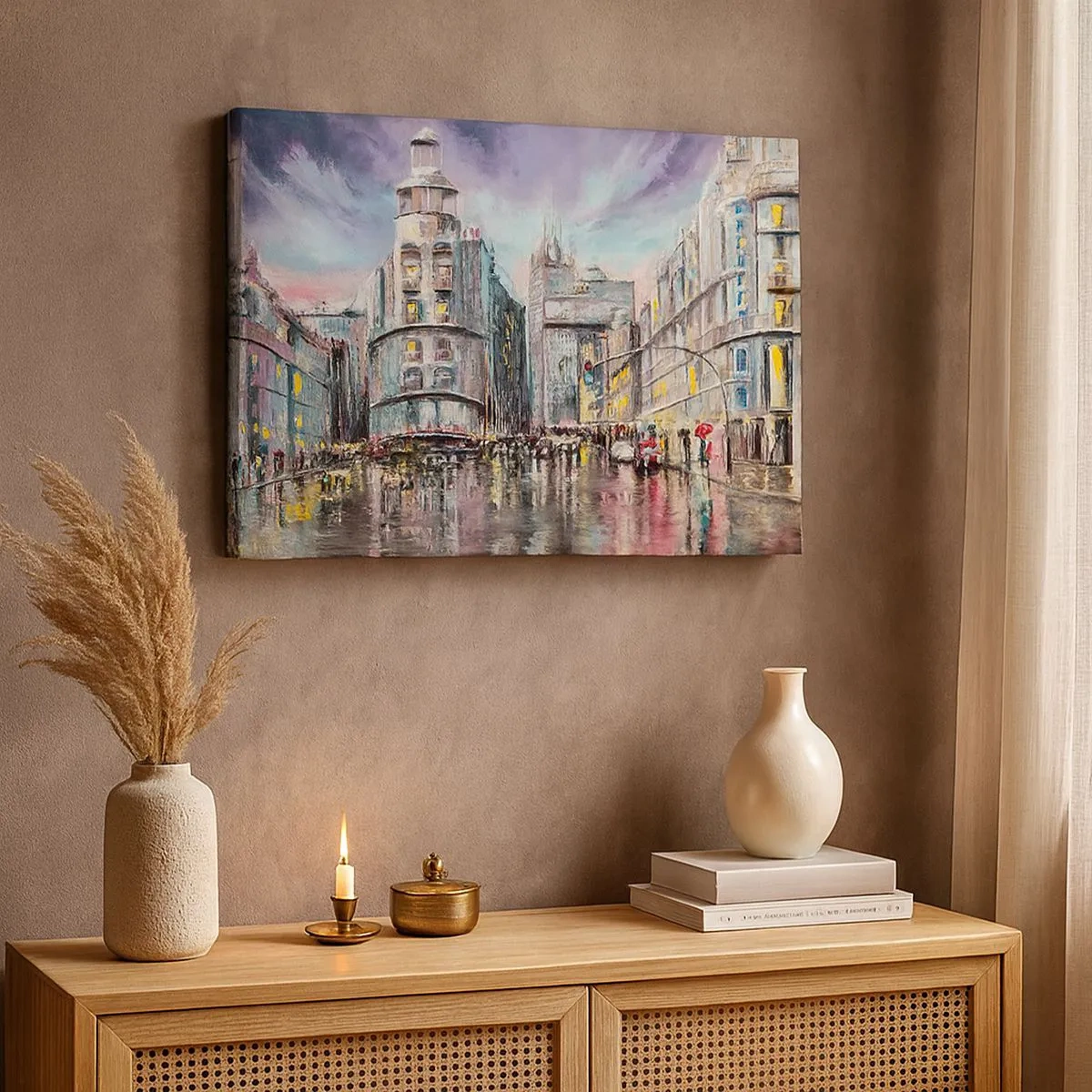 Quadro su tela - Stampe su Tela - Vista serale della città con riflessi sulla strada bagnata - 70x50cm - Sarà una serata riuscita - Decorazione murale moderna per soggiorno e camera da letto ARTTOR