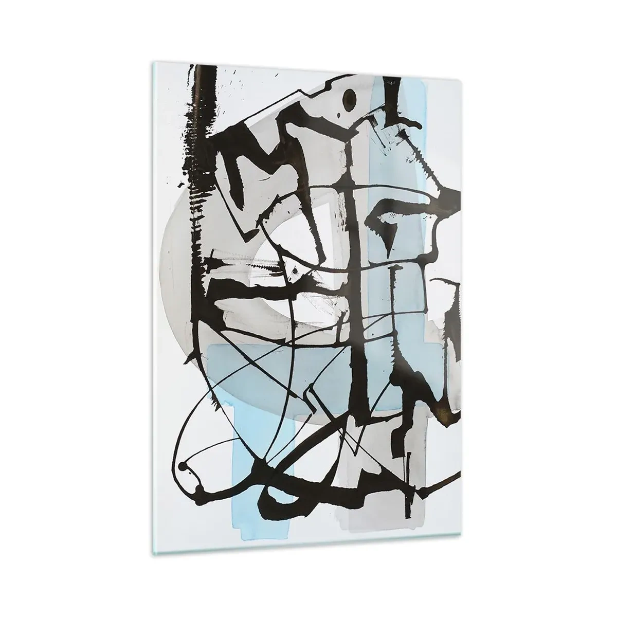 Quadro su vetro - Composizione astratta con uno schizzo nero e macchie blu - 50x70cm - Blu nonostante tutto - Decorazione murale moderna per soggiorno e camera da letto ARTTOR