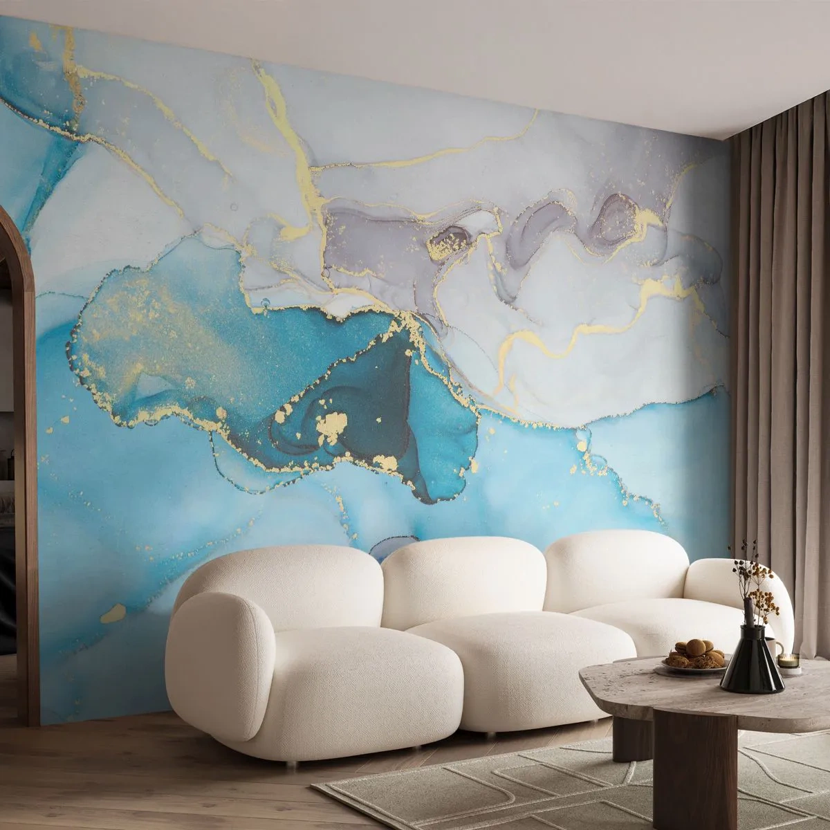 Fotomurali Premium Sand - Studio di incontro tra grigio e turchese - Astrazione, Pezzo, Modello moderno - 350x256 cm