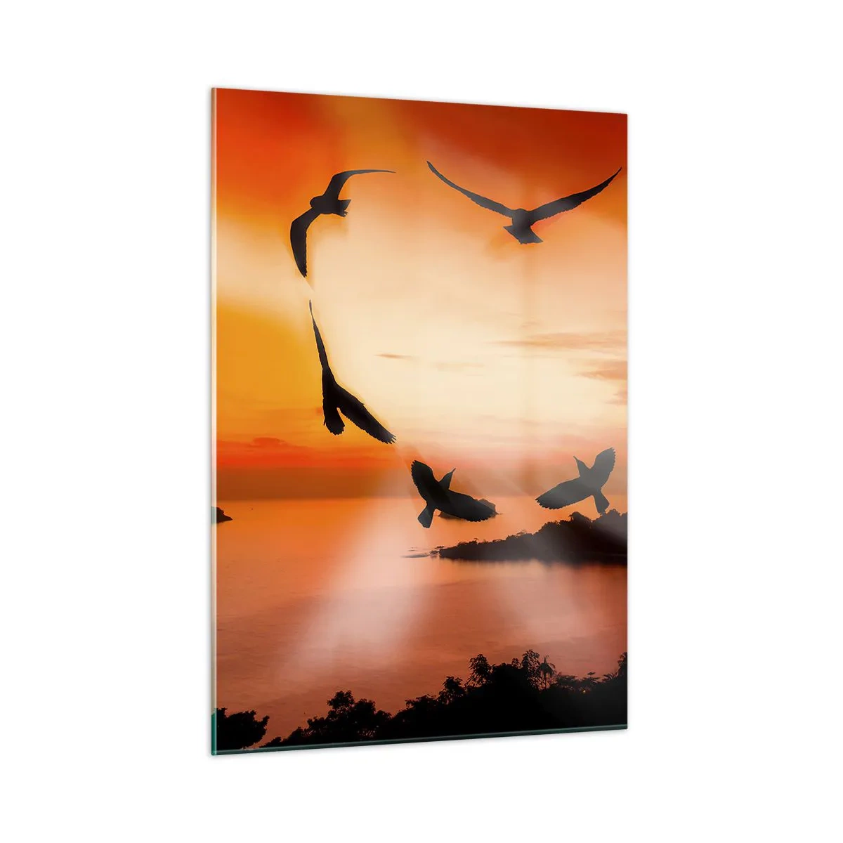 Quadro su vetro - Uccelli che formano un cuore sullo sfondo di un tramonto - 50x70cm - Ama il mondo come fanno gli uccelli - Decorazione murale moderna per soggiorno e camera da letto ARTTOR
