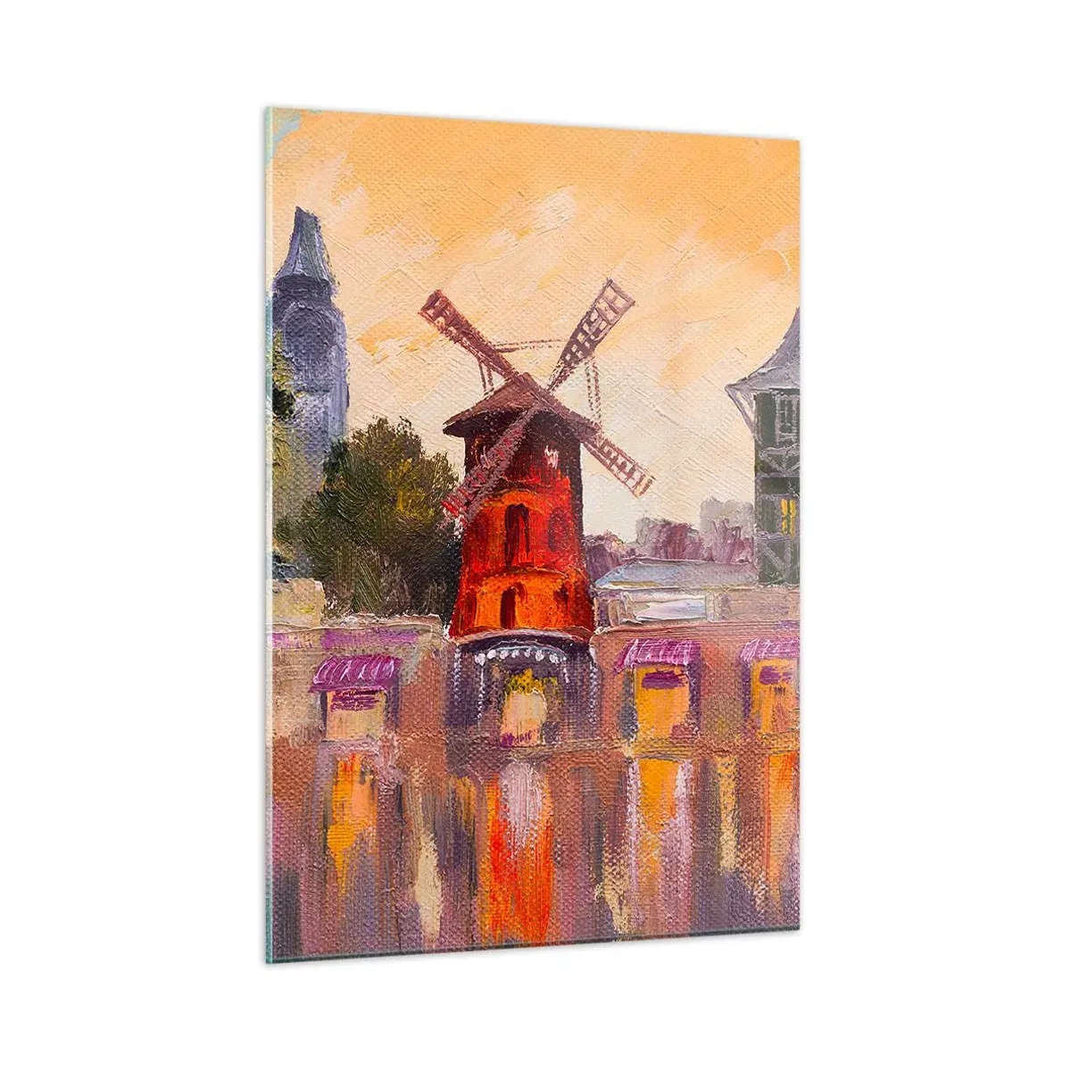 Quadro su vetro - Il mulino a vento rosso del Moulin Rouge tra i palazzi parigini - 50x70cm - Le icone di Parigi: il Moulin Rouge - Decorazione murale moderna per soggiorno e camera da letto ARTTOR