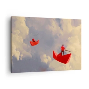 Quadro su tela - Stampe su Tela - Barche di carta rossa che galleggiano tra le nuvole - 70x50cm - La spedizione dei sognatori - Decorazione murale moderna per soggiorno e camera da letto ARTTOR