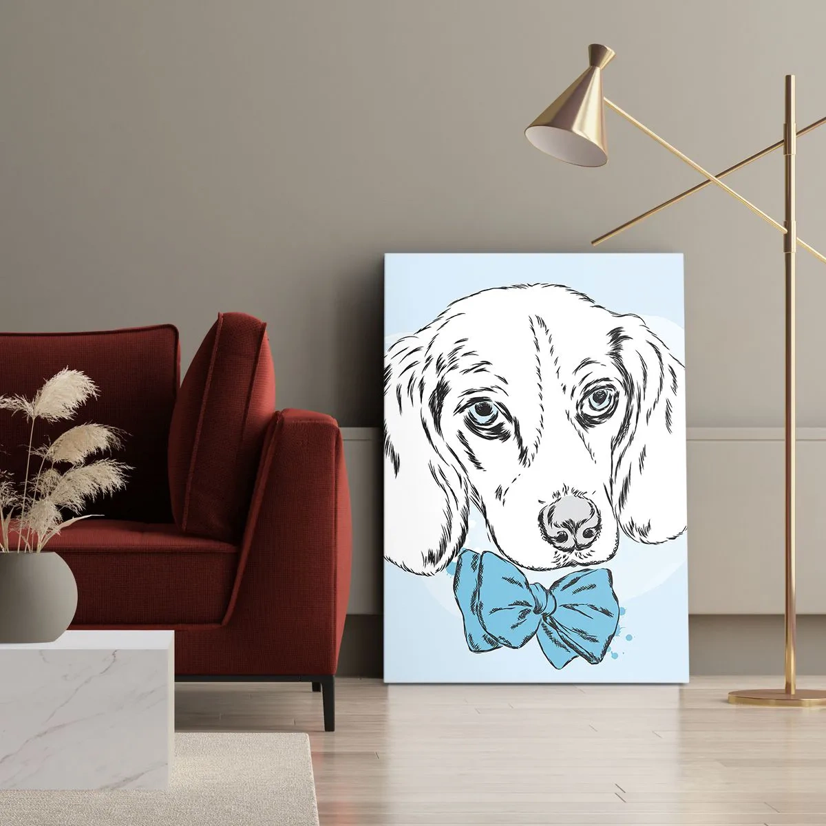Quadro su tela - Stampe su Tela - Adorabile grafica di un cane con un papillon su uno sfondo pastello - 50x70cm - Eleganza canina - Decorazione murale moderna per soggiorno e camera da letto ARTTOR