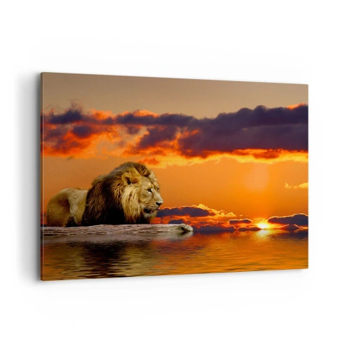 Quadro su tela - Stampe su Tela - Un leone riposa in riva all'acqua al tramonto, con un cielo spettacolare. - 100x70cm - Il re della natura - Decorazione murale moderna per soggiorno e camera da letto ARTTOR
