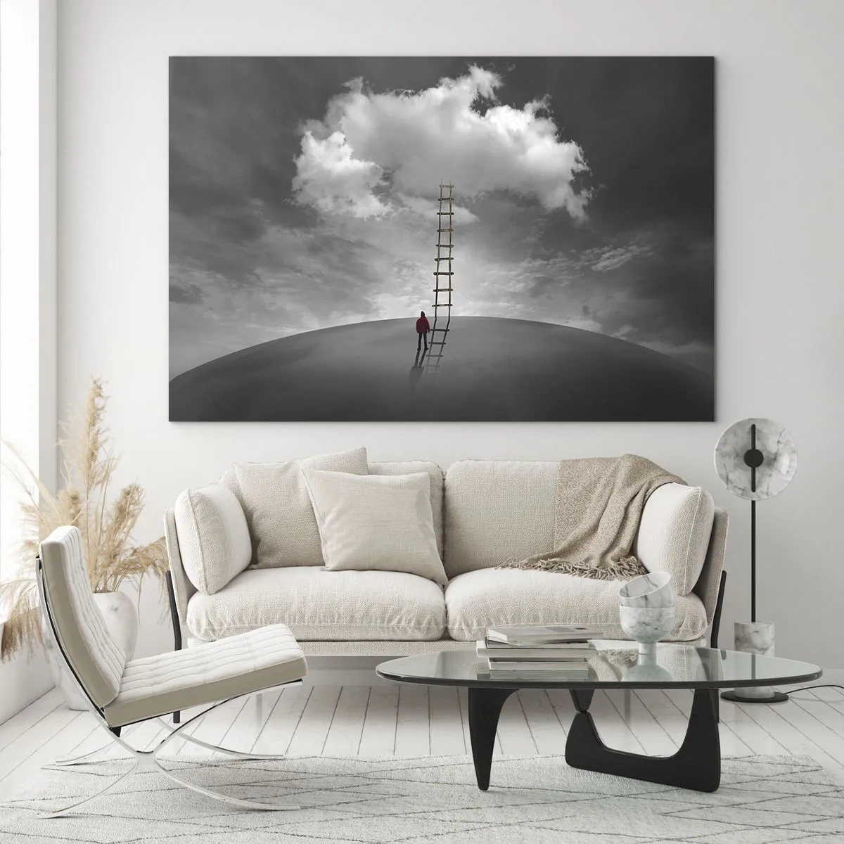 Quadro su vetro - Una persona guarda una scala che porta a una nuvola. - 120x80cm - Tutto è possibile - Decorazione murale moderna per soggiorno e camera da letto ARTTOR