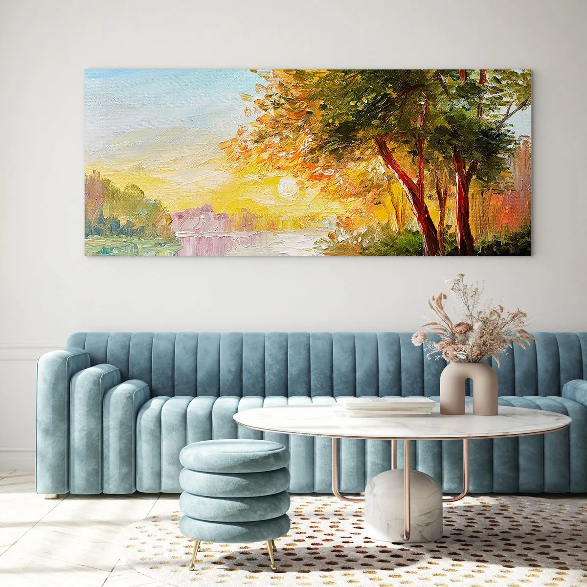 Quadro su vetro - Un paesaggio pittoresco con un fiume e alberi al tramonto - 140x50cm - Et in Arcadia ego - Decorazione murale moderna per soggiorno e camera da letto ARTTOR