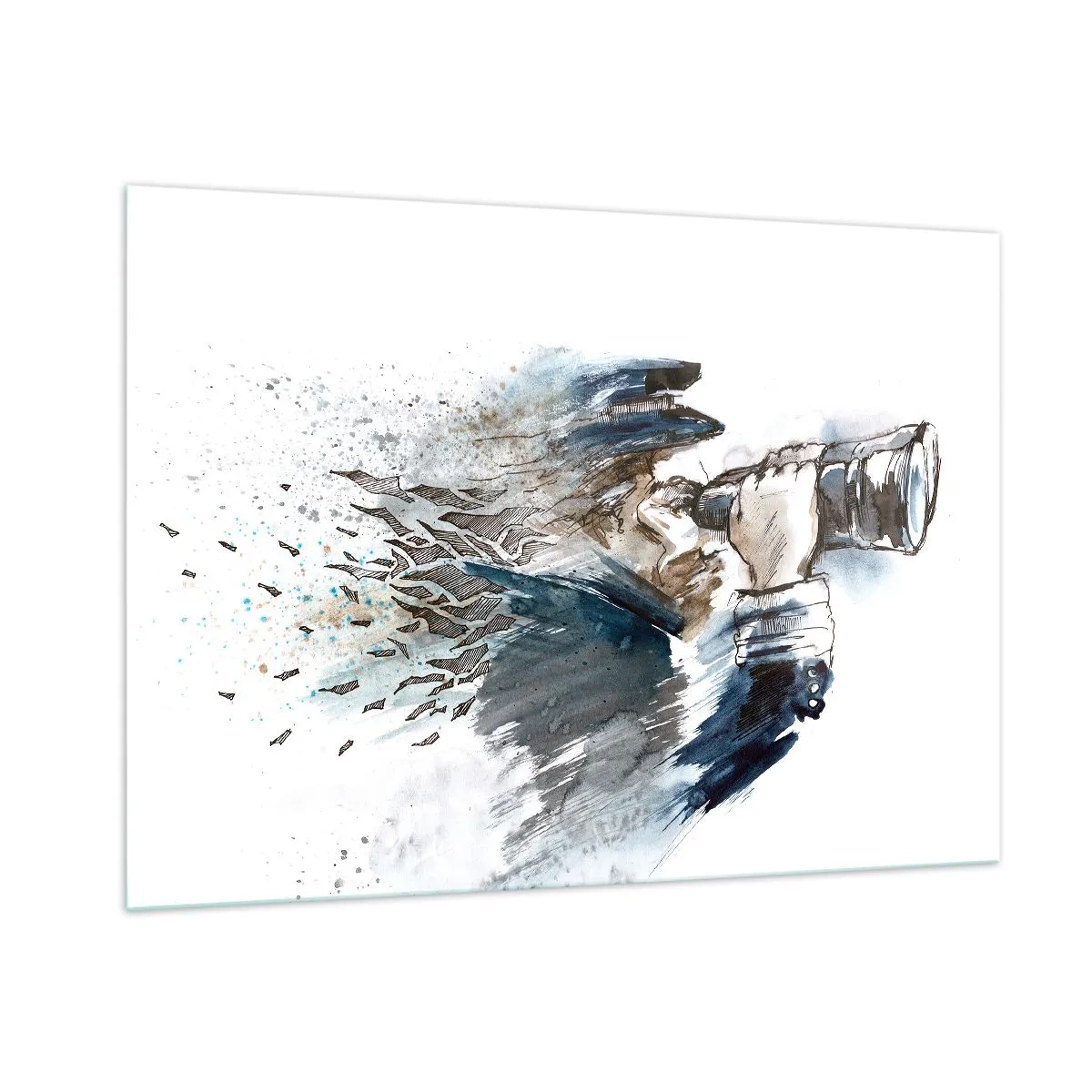 Quadro su vetro - Un uomo con un binocolo in una composizione dinamica ad acquerello - 100x70cm - Dieci gradi Beaufort! - Decorazione murale moderna per soggiorno e camera da letto ARTTOR