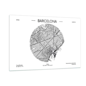 Quadro su vetro - Una mappa minimalista di Barcellona in un'estetica in bianco e nero - 120x80cm - Anatomia di Barcellona - Decorazione murale moderna per soggiorno e camera da letto ARTTOR