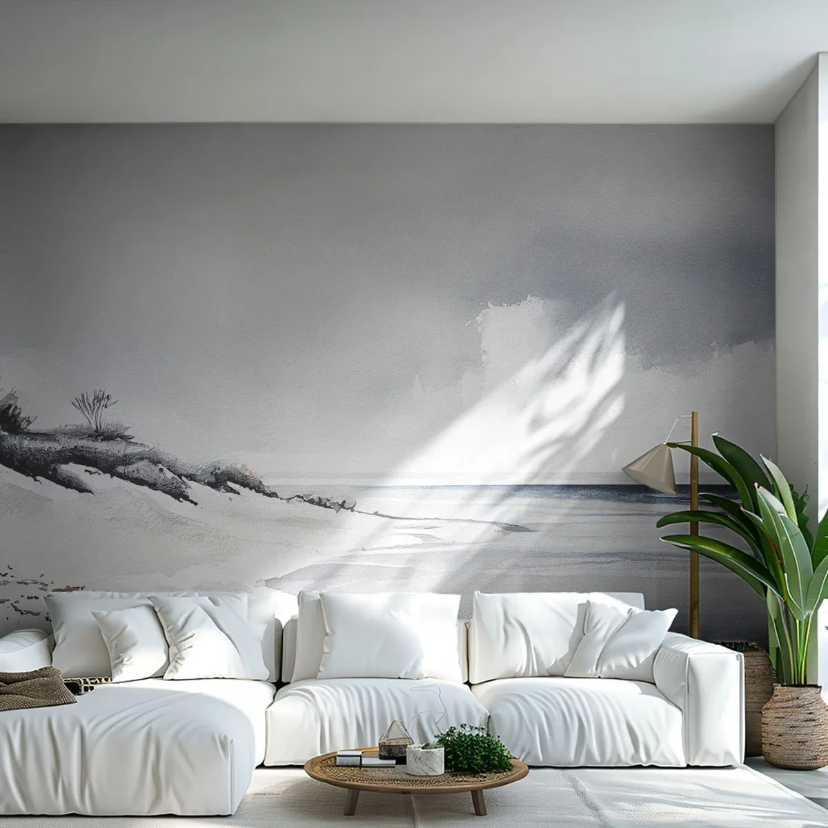 Fotomurali Premium Sand - Cielo grigio e mare calmo accanto a una spiaggia bianca e deserta - 100x70cm - Insieme da sempre - Decorazione murale moderna per soggiorno e camera da letto ARTTOR