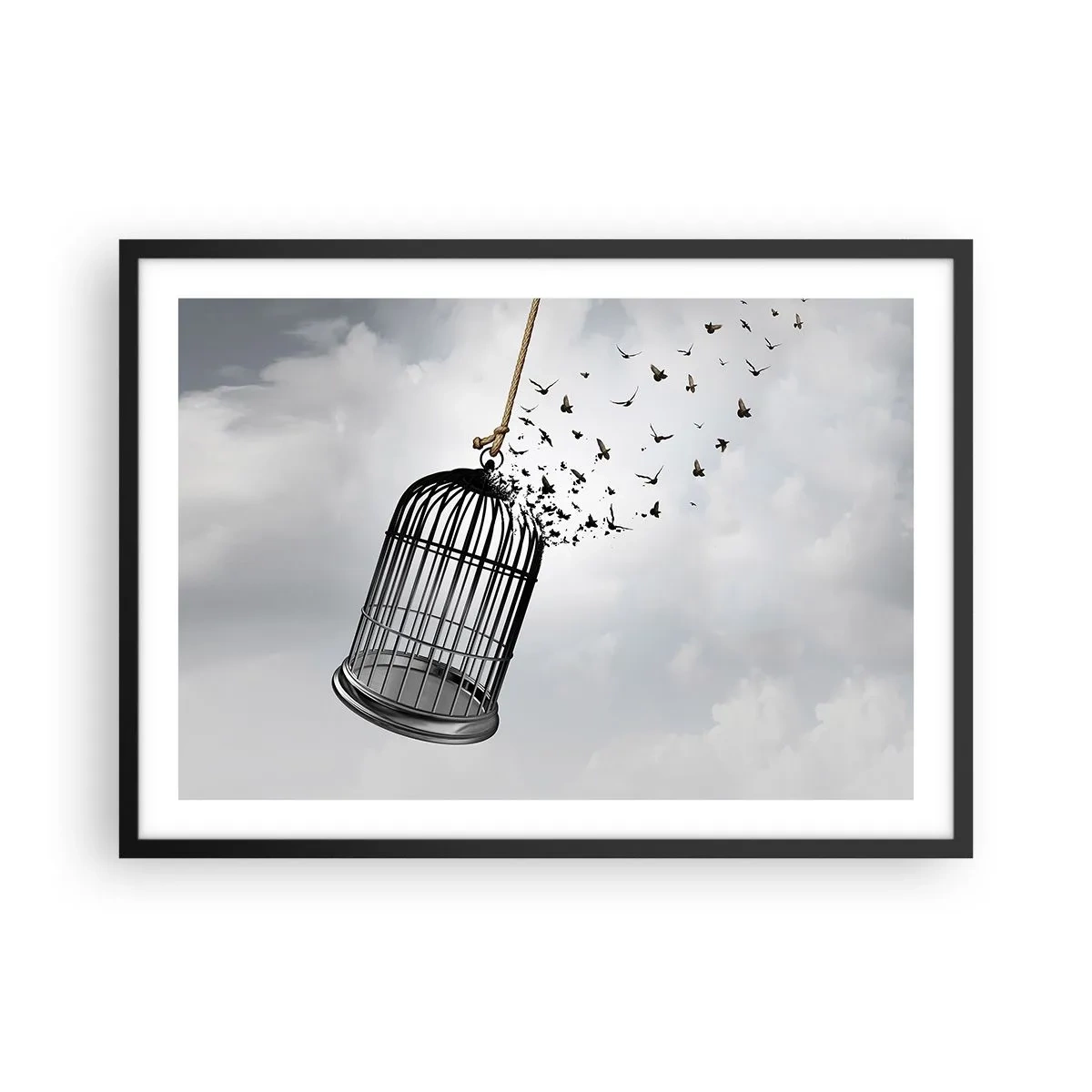 Poster in cornice nera - Uccelli che volano fuori da una gabbia contro il cielo - 70x50cm - Fede... Speranza... Libertà! - Decorazione murale moderna per soggiorno e camera da letto ARTTOR
