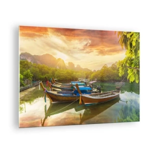 Quadro su vetro - Barche tradizionali in un paesaggio tropicale al tramonto - 70x50cm - Prima di un giorno di lavoro - Decorazione murale moderna per soggiorno e camera da letto ARTTOR