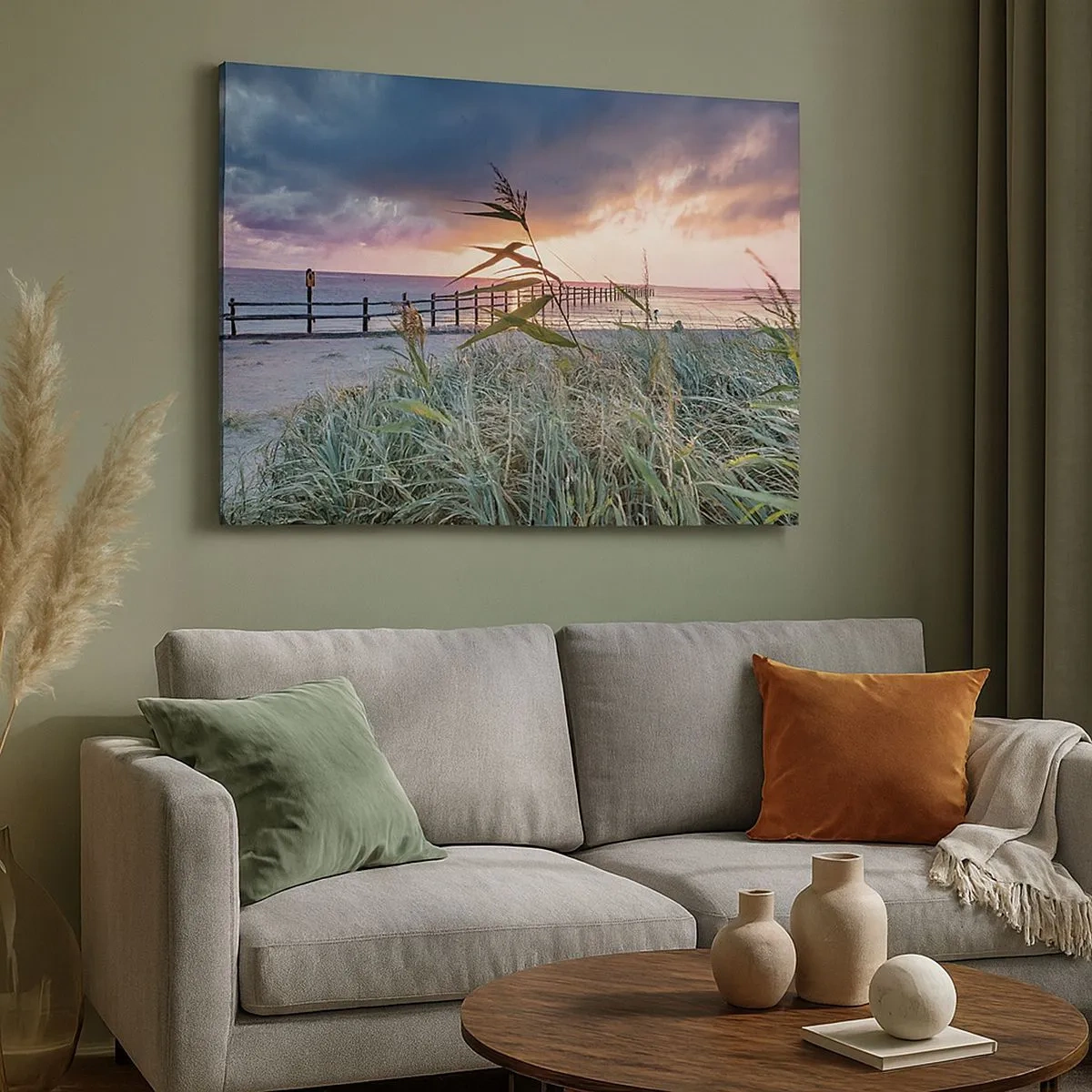 Quadro su tela - Stampe su Tela - Spiaggia al tramonto con erba in primo piano - 70x50cm - Non andrà via col vento - Decorazione murale moderna per soggiorno e camera da letto ARTTOR