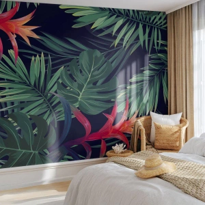 Fotomurali Premium Canvas - Foglie e fiori tropicali su sfondo scuro - 100x70cm - Fiammante nel verde - Decorazione murale moderna per soggiorno e camera da letto ARTTOR
