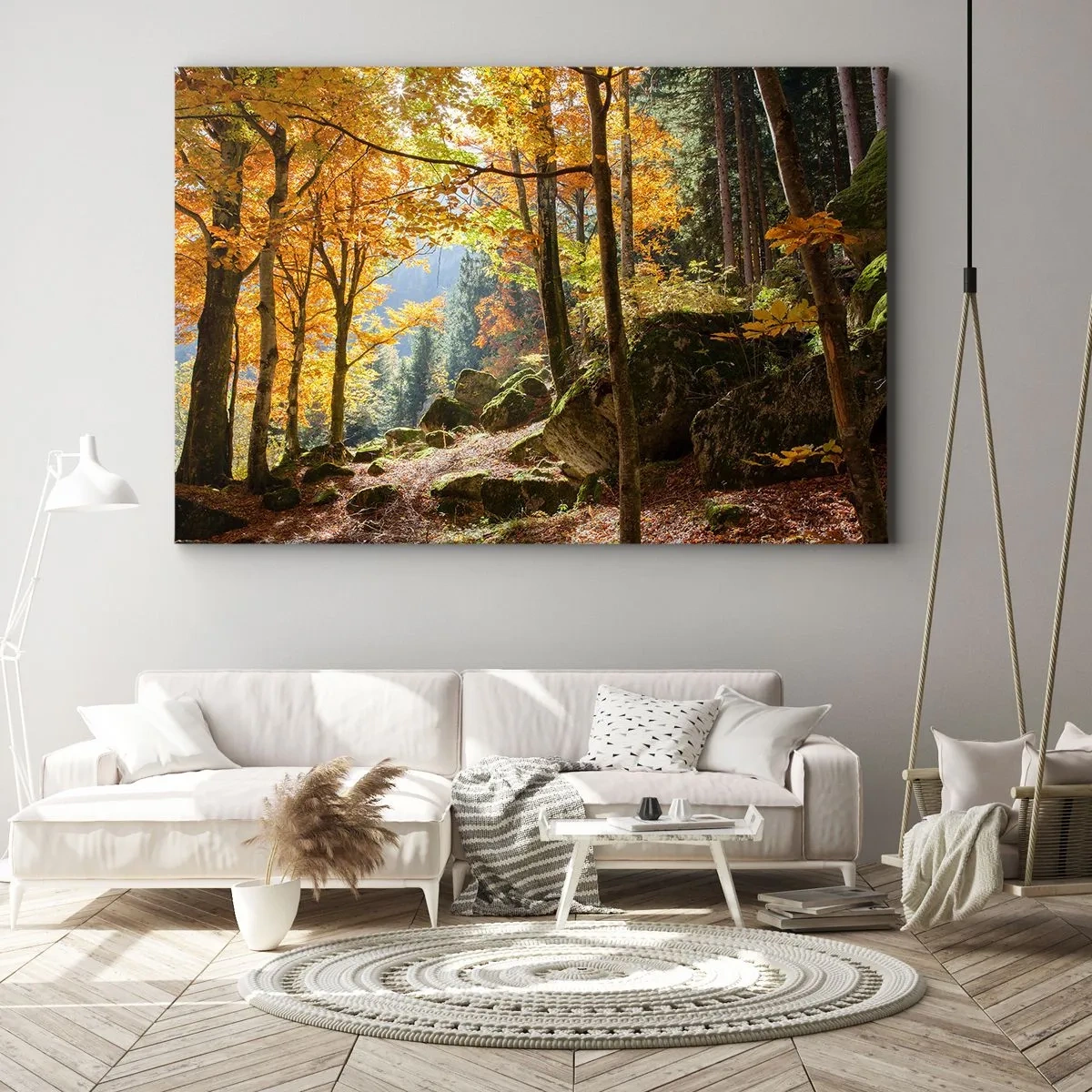 Quadro su tela - Stampe su Tela - Una foresta autunnale piena di foglie dorate e luce solare - 100x70cm - Il tempo del riposo - Decorazione murale moderna per soggiorno e camera da letto ARTTOR